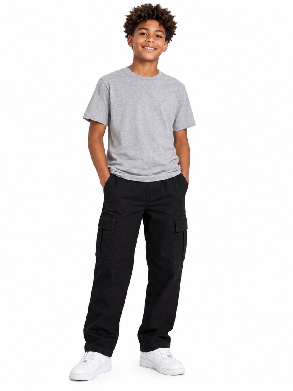 Boys L 14-16 Black Cargo Pants 100%Cotton 6 Pocket Elastic Waist Pull On Fit NWT